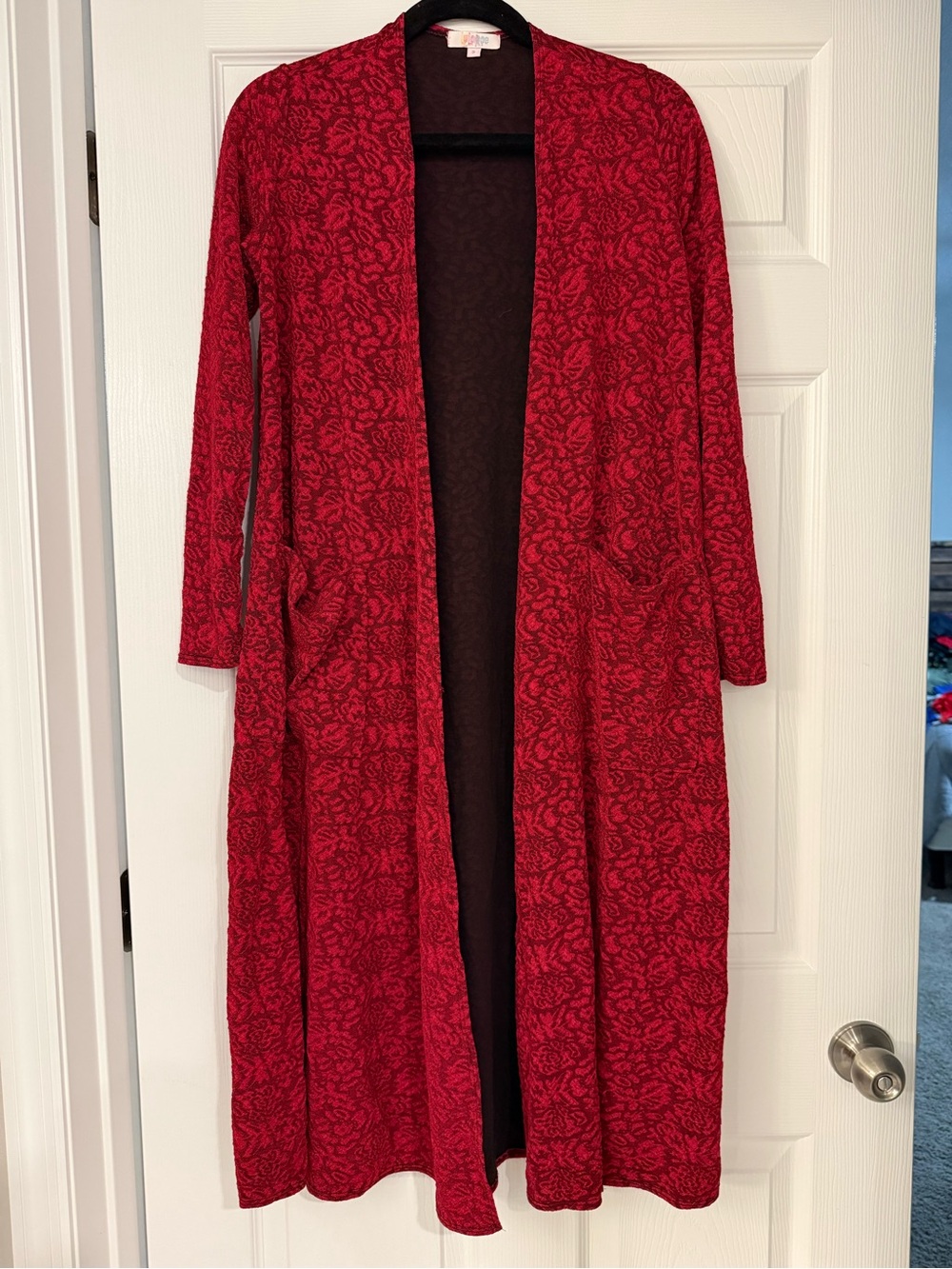 Lularoe Sarah Long Open-Front Red Floral Cardigan